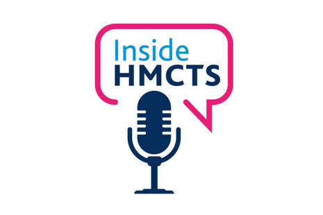 A navy blue microphone appears on a white background. Above this the outline of a pink speech bubble is seen with the words 'Inside HMCTS' displayed within.